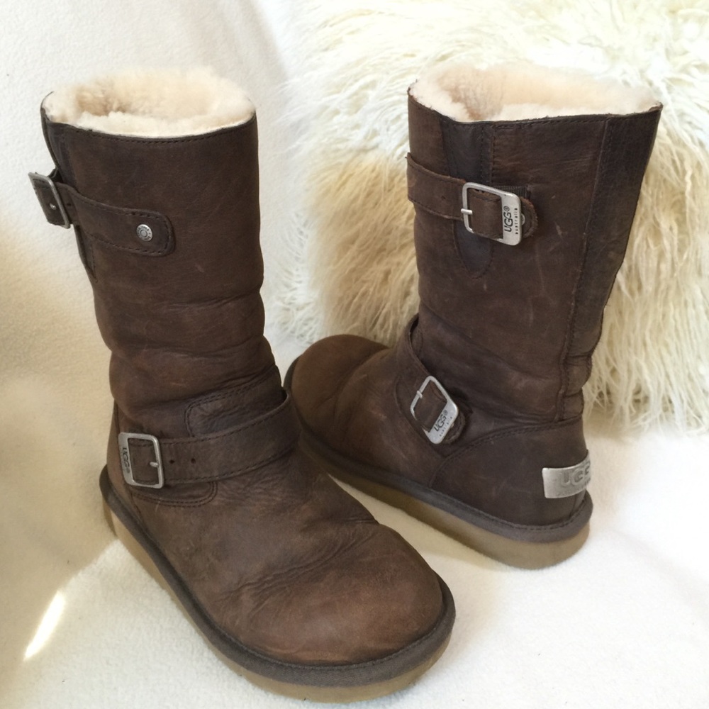 UGG Sutter distressed brown leather buckle boots